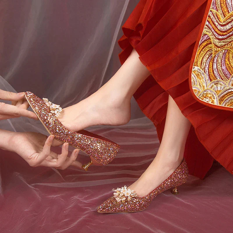 VougeVamp Pearl Flower Bridal Pumps – Elegant Bling High Heels for Weddings & Parties