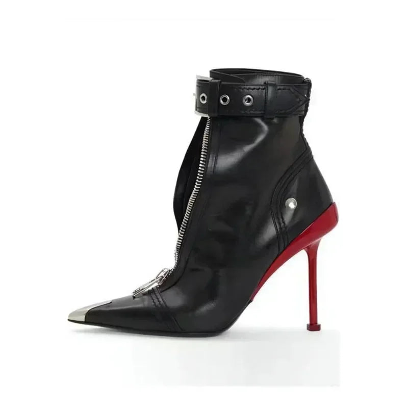 Handmade Women's Red High-Heeled Ankle Boots with Belt Buckle, Front Zipper, Pointed Toe, and Metallic Accent - VougeVampUK