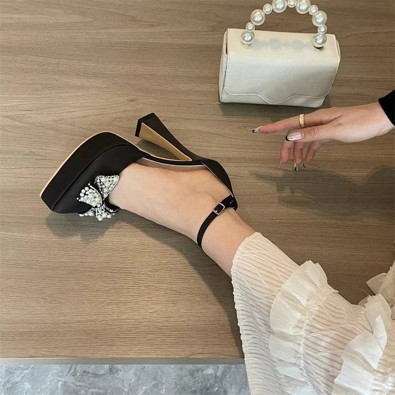VougeVamp White Pearl Bowknot Platform Pumps - Pointed Toe High Heel Party Shoes for Women