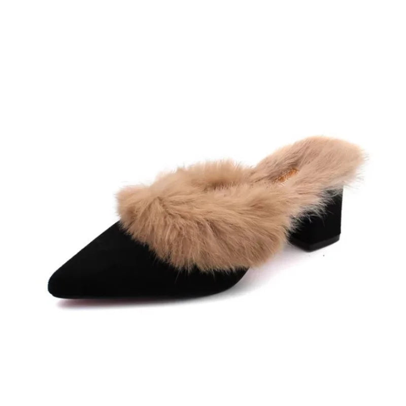 VougeVamp Women's Fluffy Fur High Heel Slippers – Cozy Plush Indoor Winter House Shoes