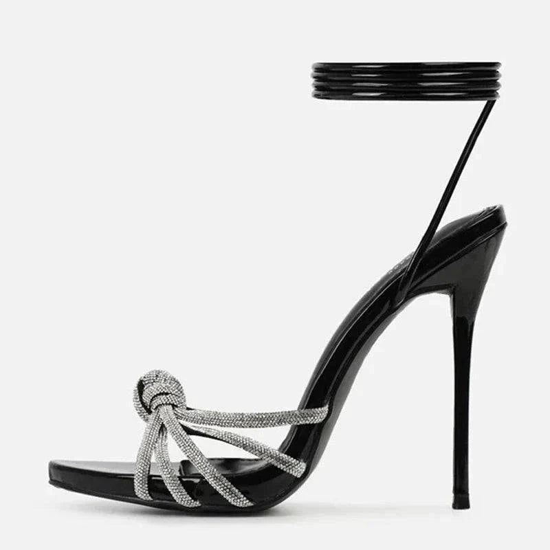 VougeVamp Silver Crystal Narrow Band Sandals - Open Toe High Heel Party Shoes for Women