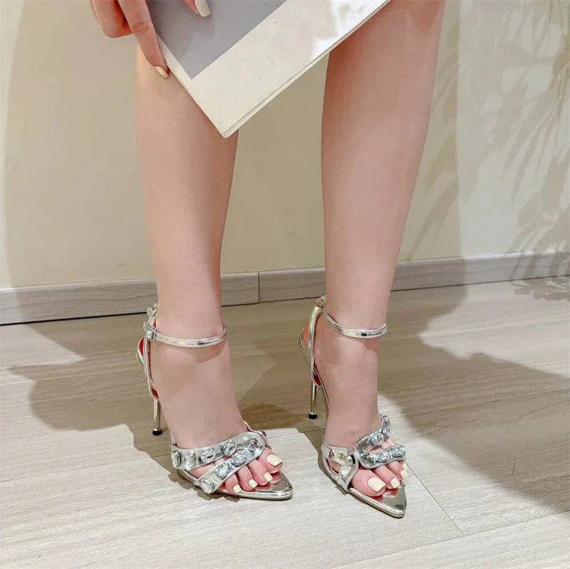 VougeVamp Gem Rivet Narrow Band Sandals - Pointed Toe High Heel Party Shoes for Women