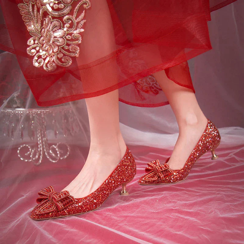 VougeVamp Handmade Crystal Bow Bridal Pumps – Glitter High Heels for Weddings & Parties