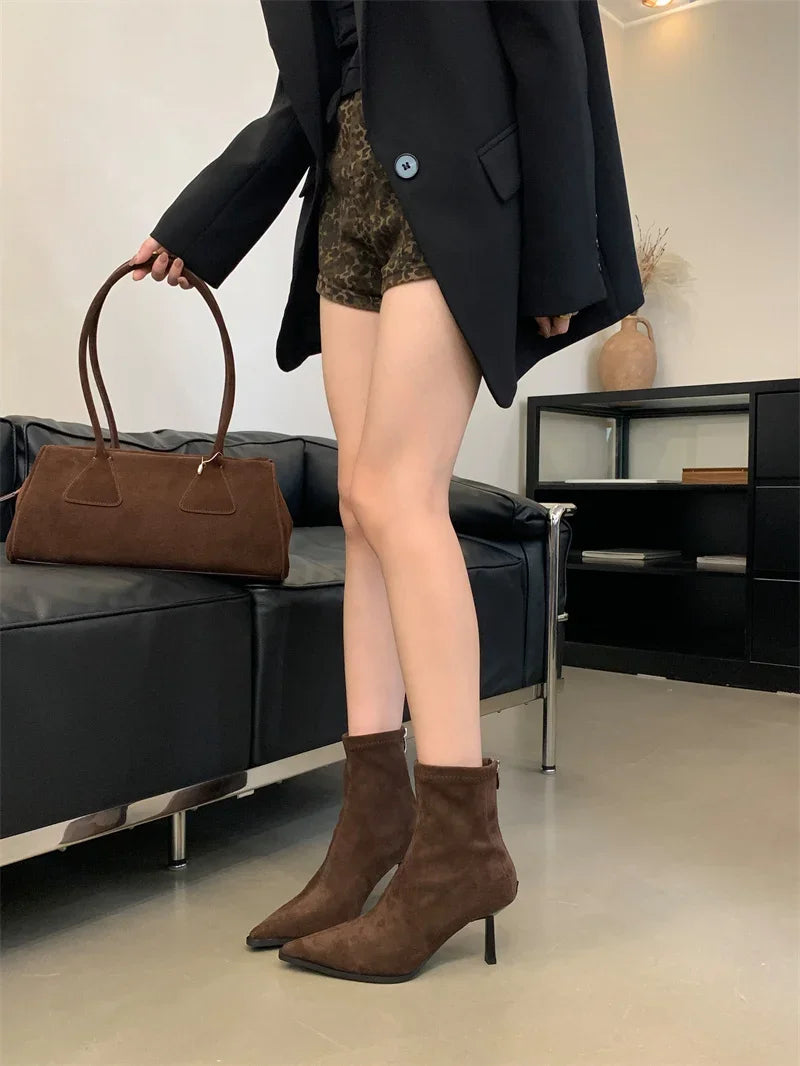 Handmade Leopard Print Pointed Toe Women’s Ankle Boots with Zipper and Thin High Heels - VougeVampUK