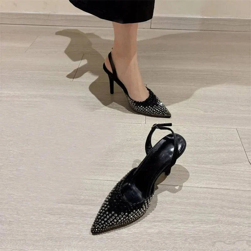 VougeVamp Black Crystal Rhinestone Slingback Pumps - Pointed Toe High Heel Party Shoes for Women