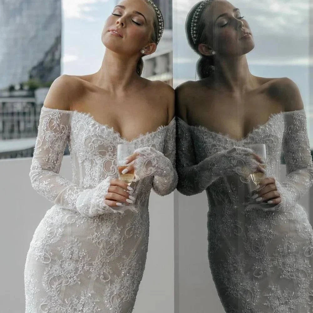 VougeVamp Customized White Mermaid Off-the-Shoulder Prom Dress - Lace Long Sleeve Backless Evening Gown - VougeVampUK