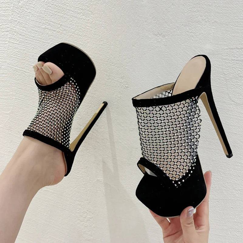 VougeVamp Crystal Mesh Platform Slippers - Peep Toe High Heel Party Shoes for Women in Black