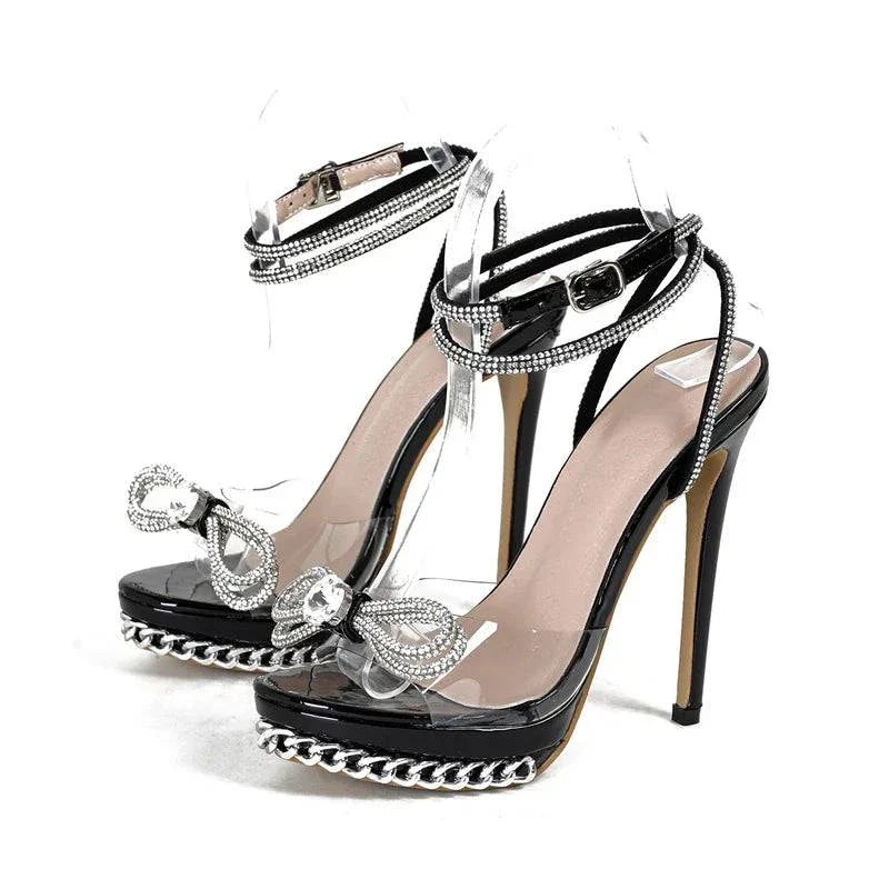 VougeVamp Crystal Bowknot Transparent Sandals - Silver Chain High Heel Platform Shoes for Women