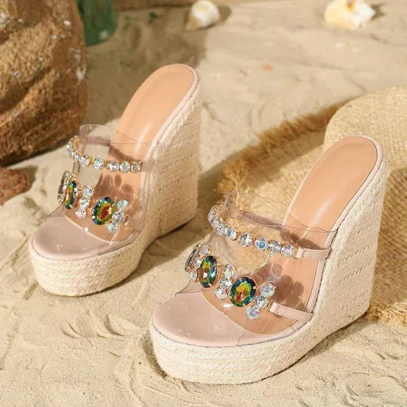 VougeVamp Transparent PVC Wedge Slippers - Crystal Chain Open Toe Platform High Heel Sandals for Women