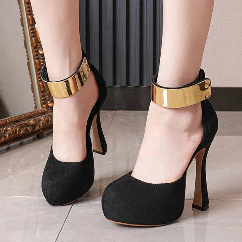 VougeVamp Women’s Metal Ankle Strap Platform Pumps – Sexy 13CM Strange High Heels for Parties and Proms