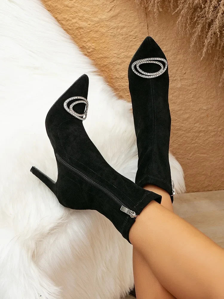 Handmade Crystal-Embellished Ankle Boots for Women – Thin High Heels with Pointed Toe and Side Zipper