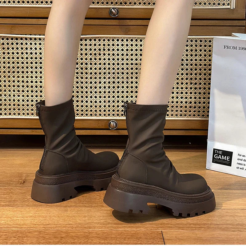 VougeVamp Platform Heel Ankle Booties – Retro Style Short Boots with Back Zipper - VougeVampUK