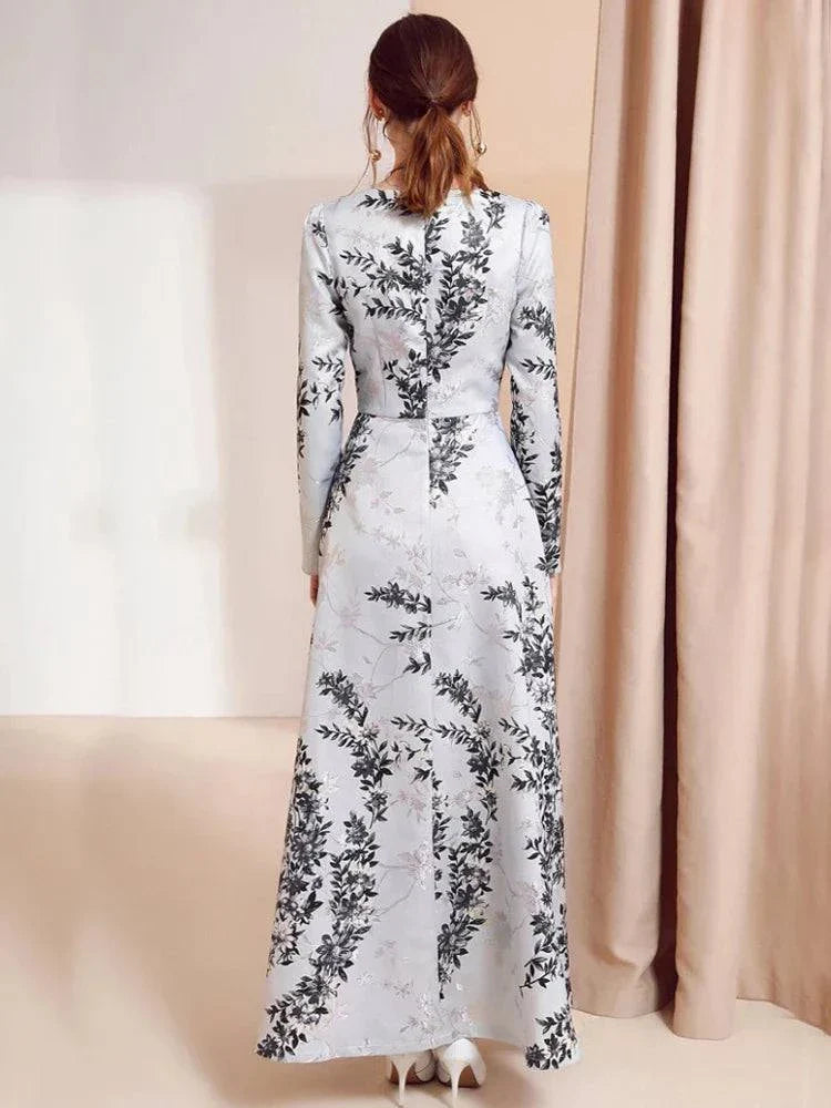 VougeVamp Women Long Sleeve Maxi Dress S-3XL - Elegant Floral Vintage A-Line Party Gown - VougeVampUK