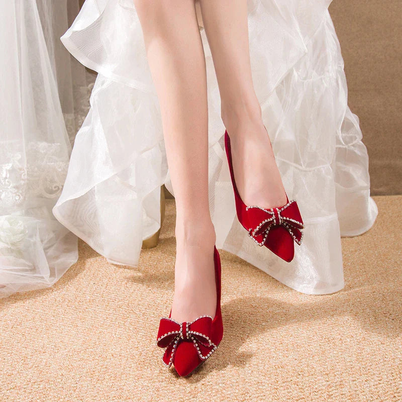 VougeVamp Red Bowtie Crystal High Heel Pumps – Elegant Slip-On Bridal & Party Shoes
