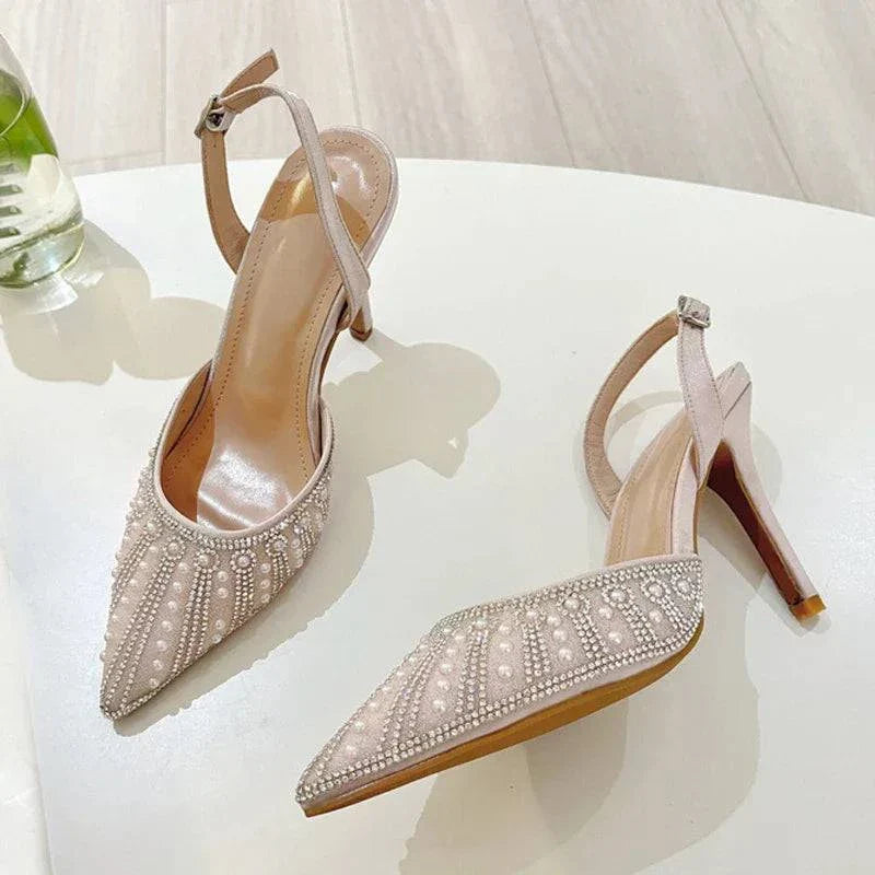 VougeVamp Women’s Crystal Pearl Pointed Toe Pumps – Elegant Slingback Heels for Weddings and Parties