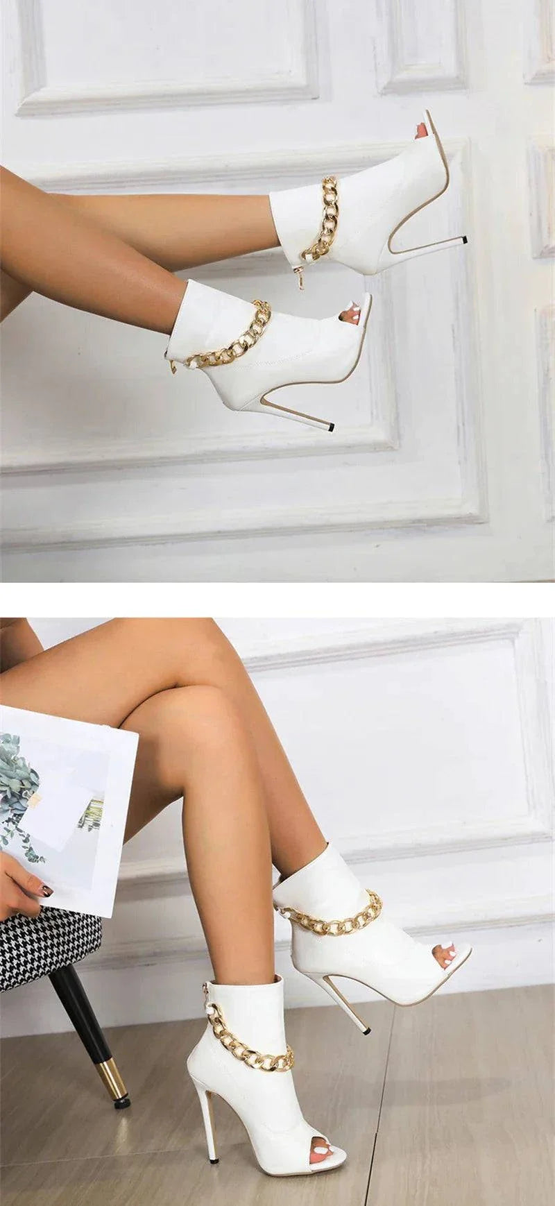VougeVamp White Leather Ankle Sandal Boots - Peep Toe High Heel Pumps with Metal Chain