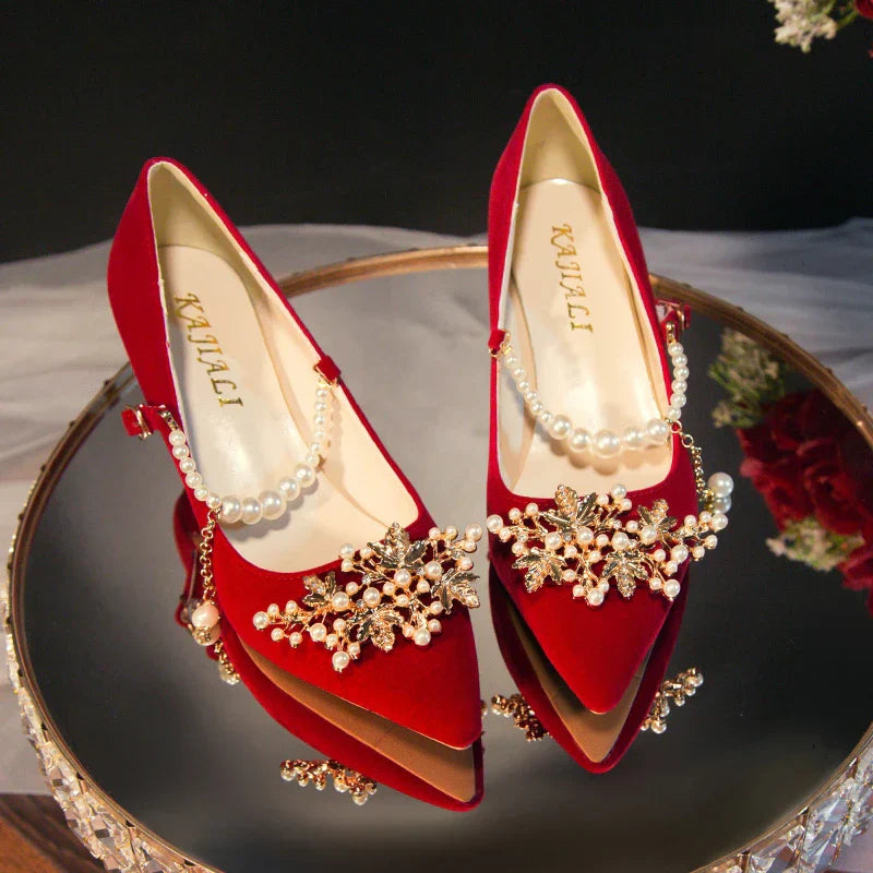 Women's Suede Pointed Toe High Heels – Elegant Embroidered Bridal & Banquet Pumps with Metal Detail