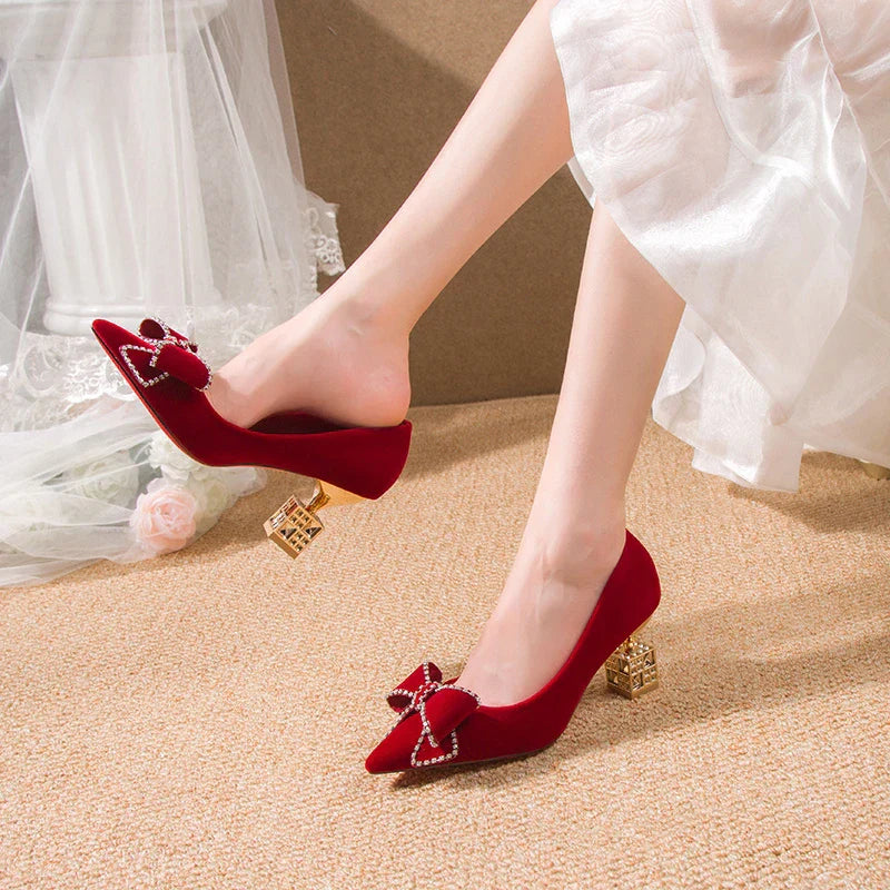 VougeVamp Red Bowtie Crystal High Heel Pumps – Elegant Slip-On Bridal & Party Shoes