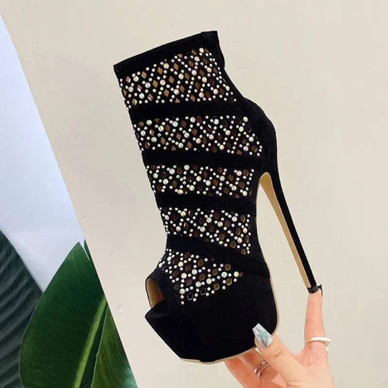 VougeVamp Rhinestone Mesh Ankle Boots - Peep Toe Platform High Heel Booties for Women