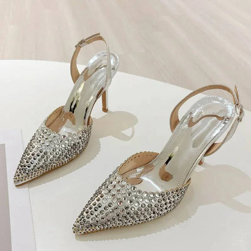 VougeVamp Black Crystal Rhinestone Slingback Pumps - Pointed Toe High Heel Party Shoes for Women