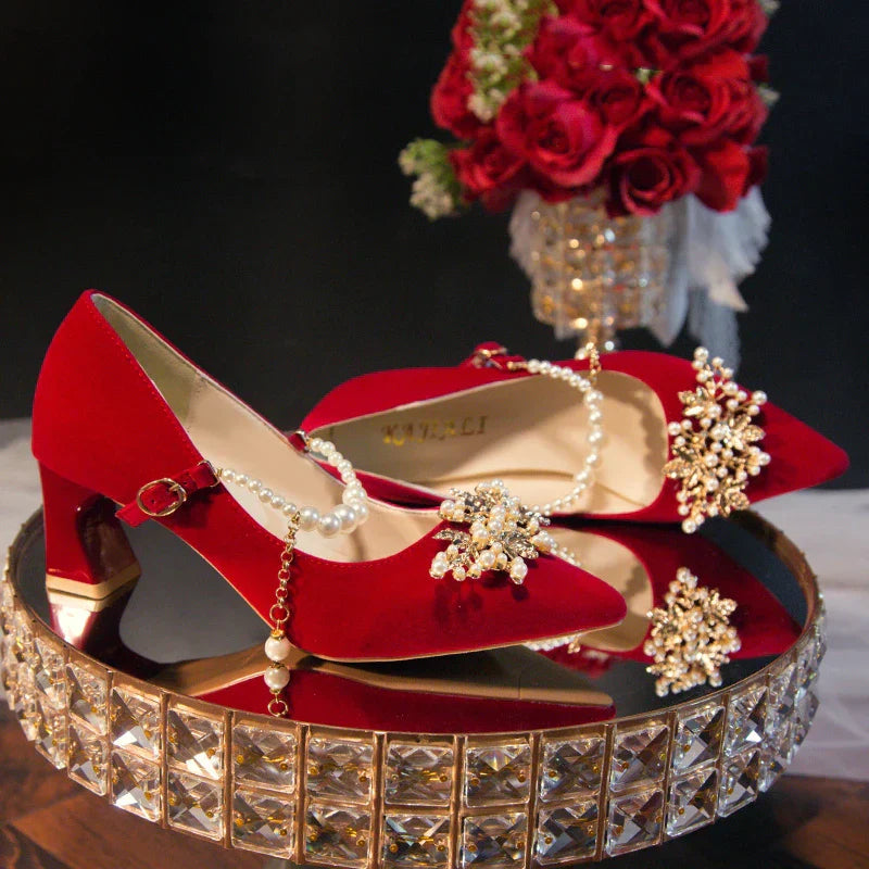 Women's Suede Pointed Toe High Heels – Elegant Embroidered Bridal & Banquet Pumps with Metal Detail