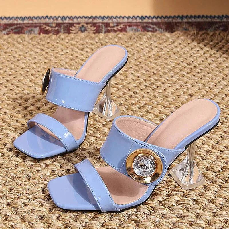 VougeVamp Transparent Metal Crystal Buckle Slippers - 9CM High Heel Party Sandals for Women