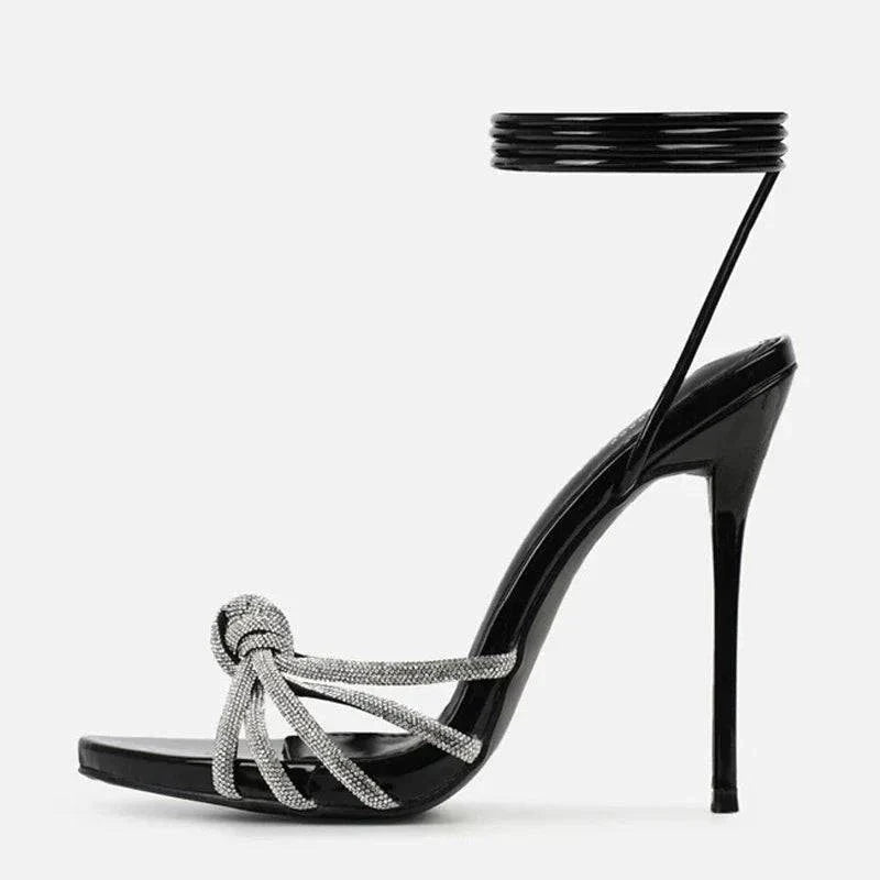 VougeVamp Silver Crystal Narrow Band Sandals - Open Toe High Heel Party Shoes for Women