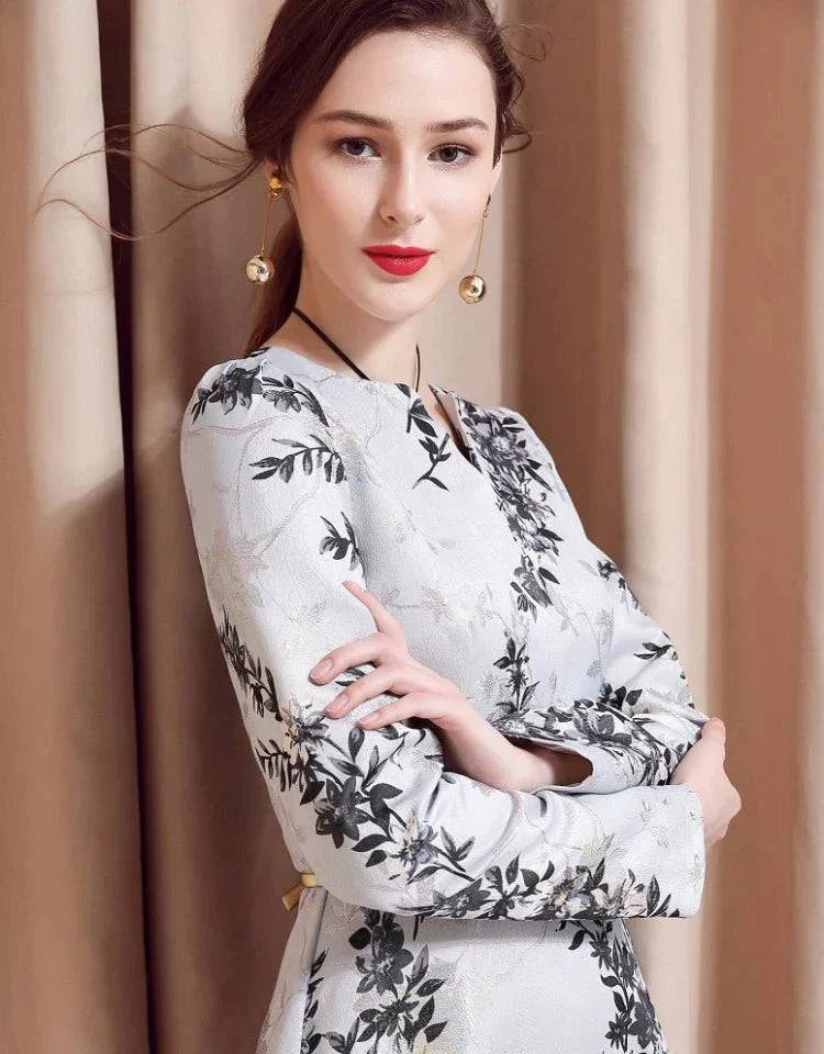 VougeVamp Women Long Sleeve Maxi Dress S-3XL - Elegant Floral Vintage A-Line Party Gown - VougeVampUK