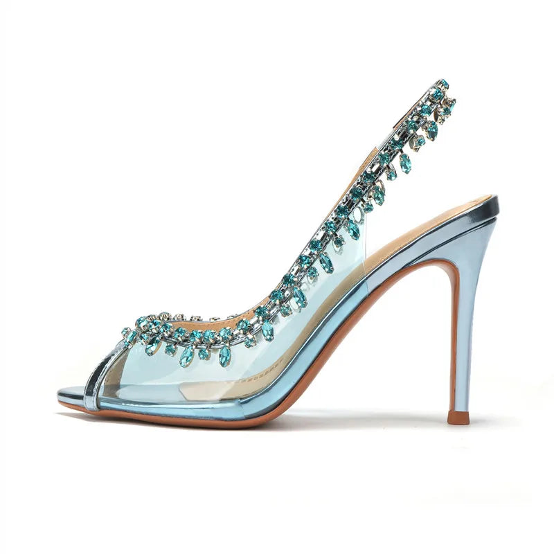 VougeVamp Luxury Crystal Tassel Slingback Pumps – Transparent PVC Peep-Toe High Heels for Weddings & Parties - VougeVampUK