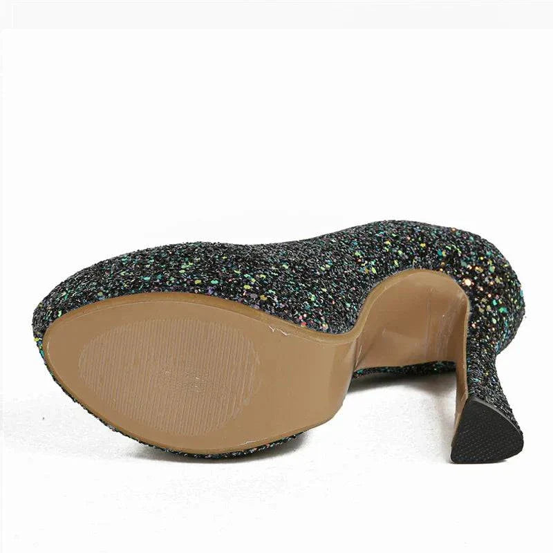 VougeVamp Sequined Cloth Platform Pumps - Round Toe High Heel Party Shoes for Women