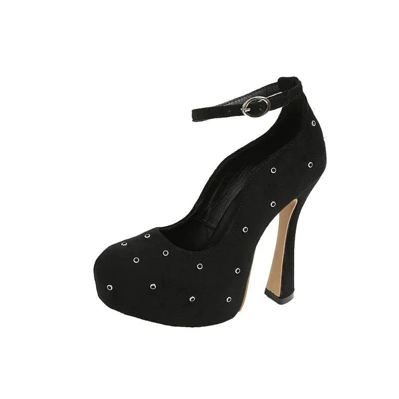 VougeVamp Women’s Round Toe Ankle Buckle Strap Pumps – Metal Rivet Designer High Heels for Parties and Events