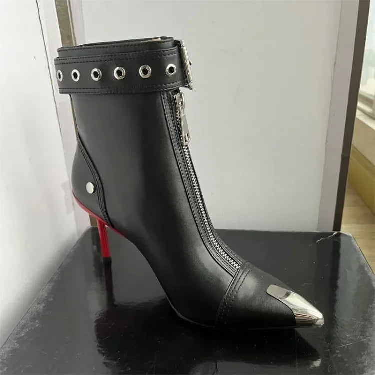 Handmade Women's Red High-Heeled Ankle Boots with Belt Buckle, Front Zipper, Pointed Toe, and Metallic Accent - VougeVampUK
