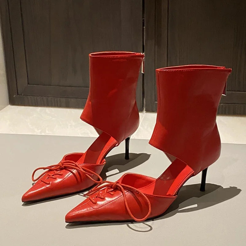 VougeVamp Women's Butterfly Knot Ankle Boots – Pointed Toe Thin Heel Boots with Zipper Closure