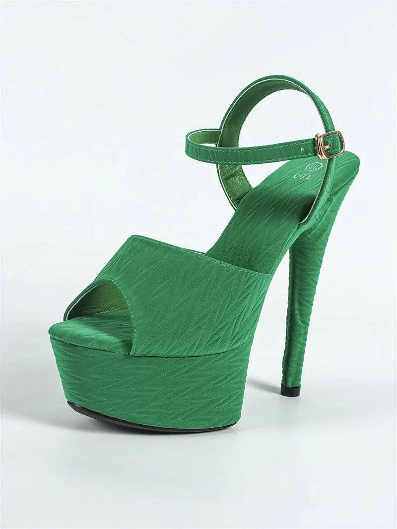 VougeVamp Green Platform High Heel Sandals - Peep Toe Buckle Strap Party Shoes for Women