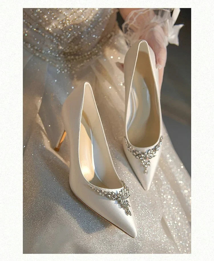 VougeVamp White Silk Satin Bridal Heels – Rhinestone Crystal Stiletto Pumps for Weddings