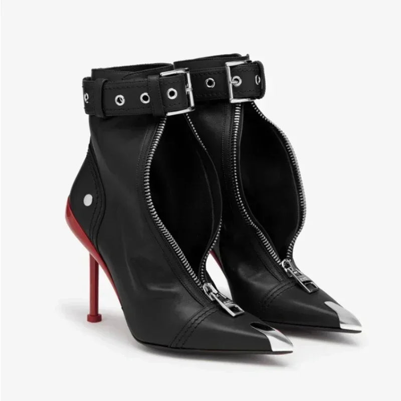Handmade Women's Red High-Heeled Ankle Boots with Belt Buckle, Front Zipper, Pointed Toe, and Metallic Accent - VougeVampUK