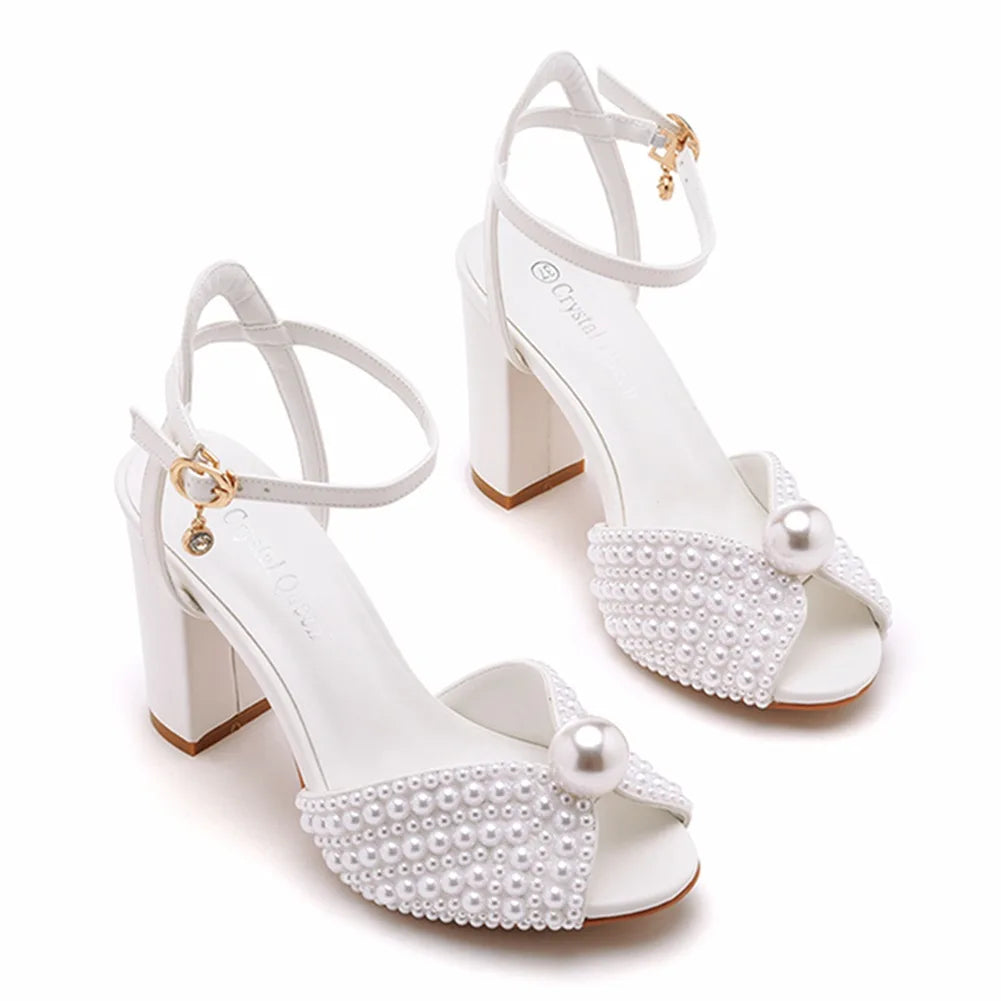 Handmade Designer Pearl-Embellished Thick Square Heel Fish Mouth Sandals for Brides, Wedding Shoes