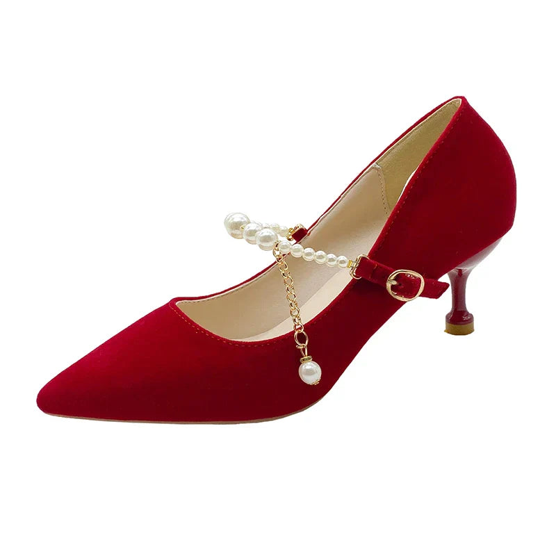 Women's Suede Pointed Toe High Heels – Elegant Embroidered Bridal & Banquet Pumps with Metal Detail