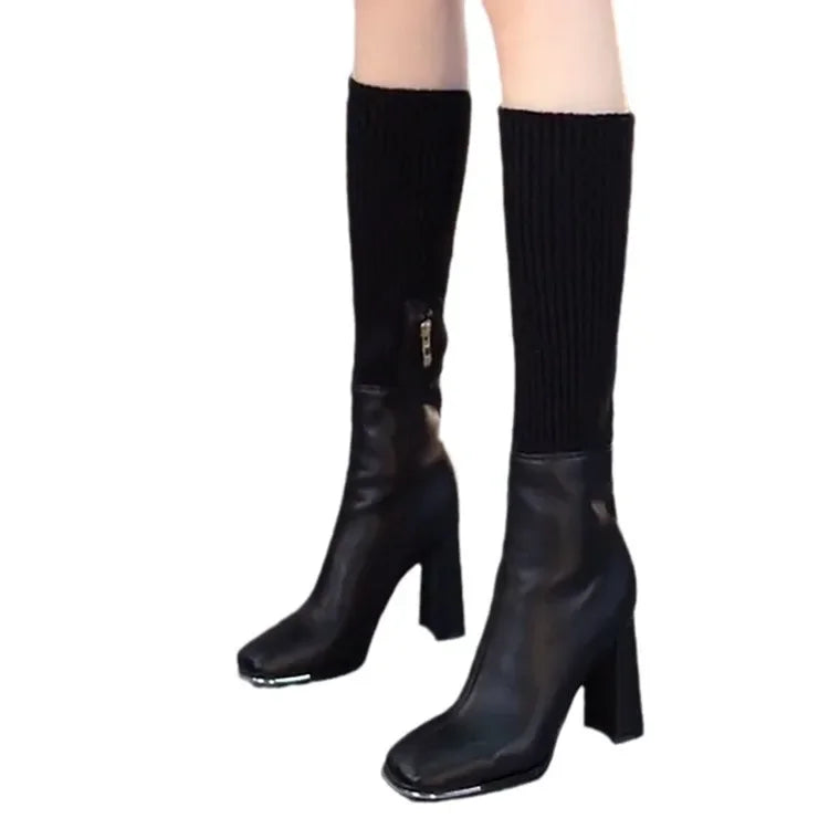 VougeVamp Women's Knee-High Knitted Boots – Retro Slip-On High Heel Sock Boots - VougeVampUK