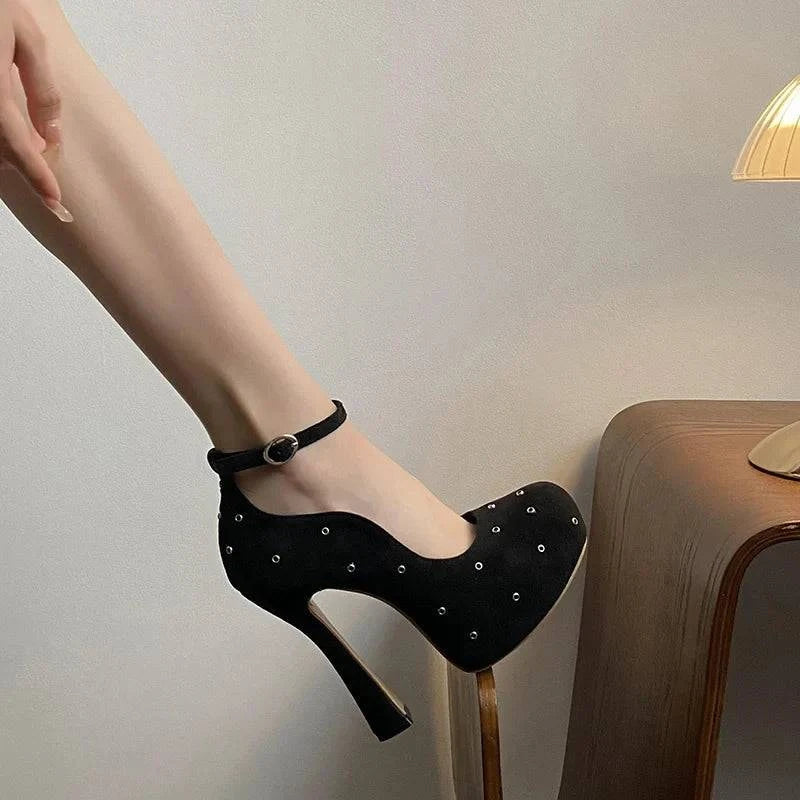 VougeVamp Women’s Round Toe Ankle Buckle Strap Pumps – Metal Rivet Designer High Heels for Parties and Events