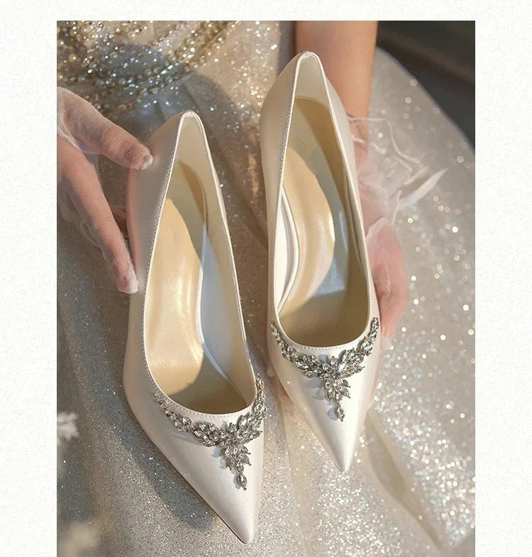 VougeVamp White Silk Satin Bridal Heels – Rhinestone Crystal Stiletto Pumps for Weddings