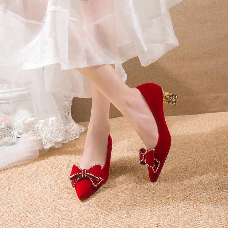 VougeVamp Red Bowtie Crystal High Heel Pumps – Elegant Slip-On Bridal & Party Shoes