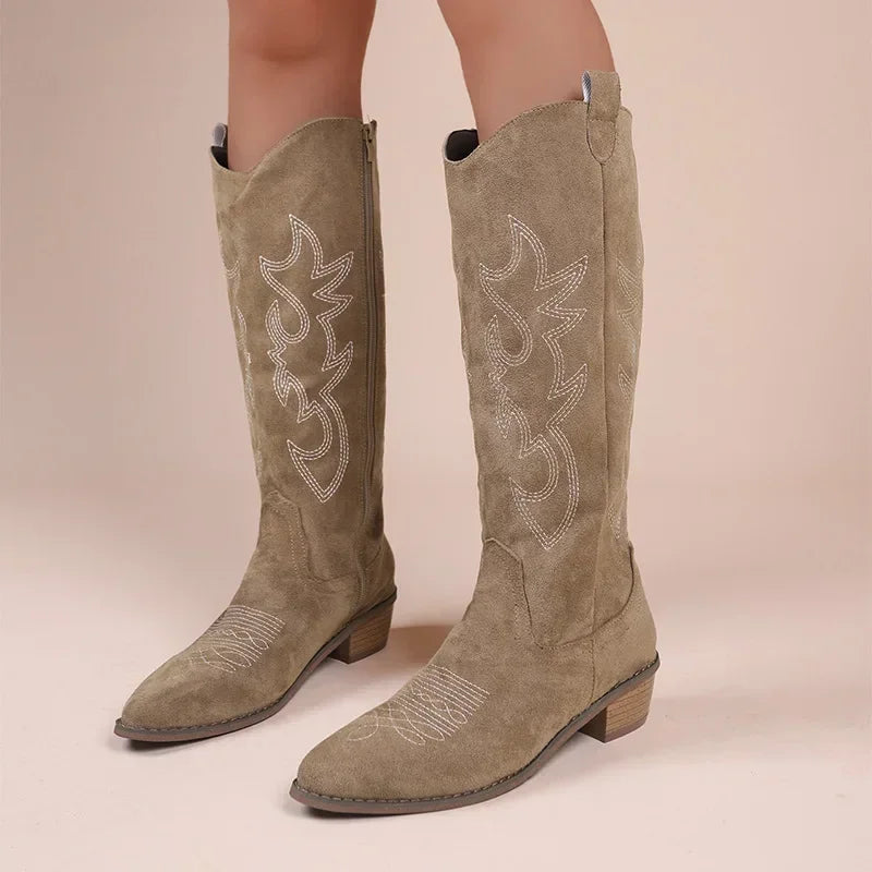 VougeVamp Women's Embroidered Western Cowboy Boots – High Knee PU Leather Boots with Thick Heel - VougeVampUK