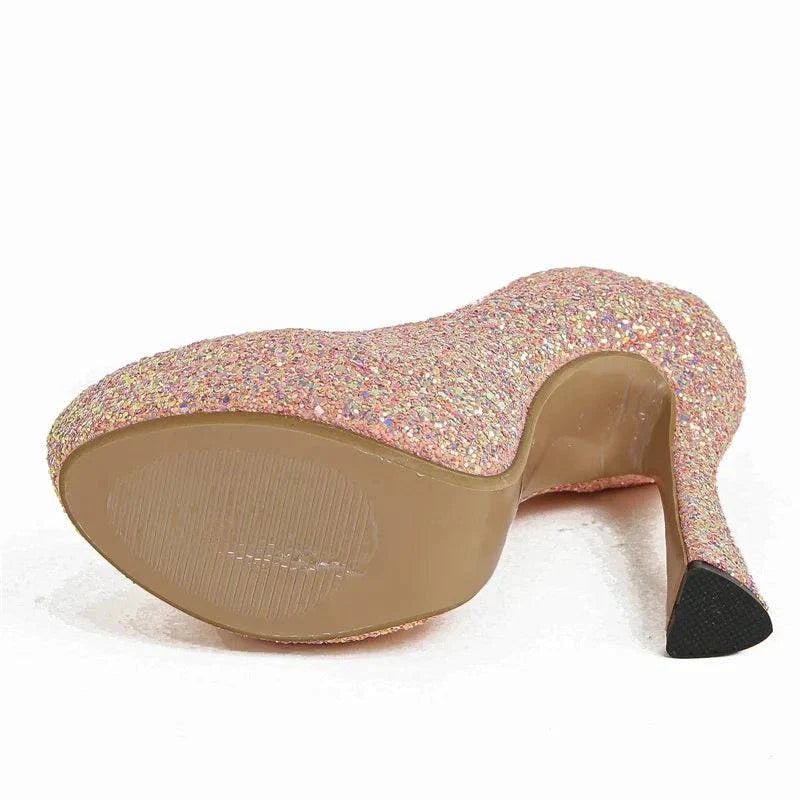 VougeVamp Sequined Cloth Platform Pumps - Round Toe High Heel Party Shoes for Women