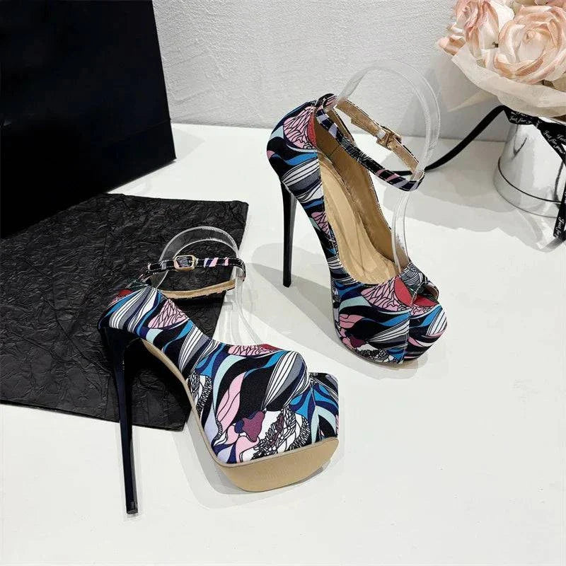 VougeVamp Hand-Painted Platform Pumps - Peep Toe High Heel Party Shoes for Women
