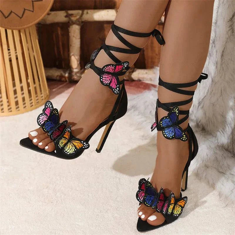 VougeVamp Embroidered Butterfly Ankle Strap Sandals - Pointed Toe High Heel Party Shoes for Women