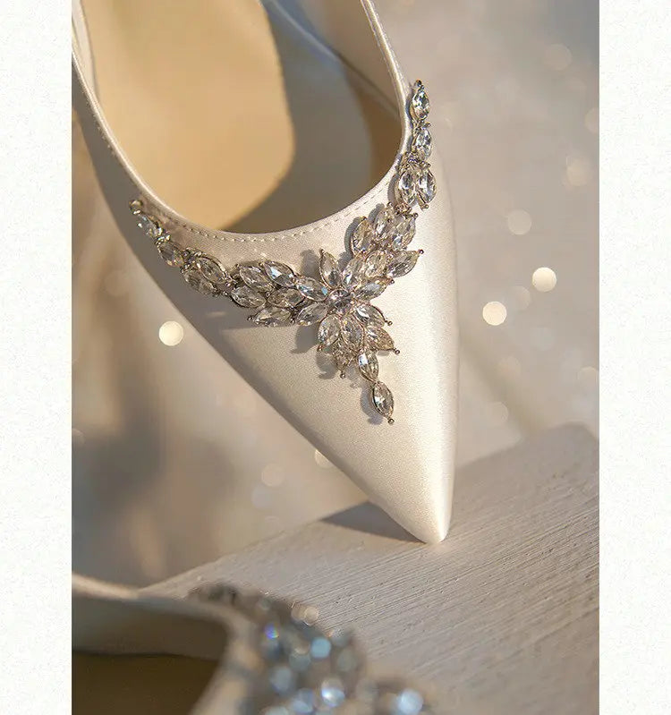 VougeVamp White Silk Satin Bridal Heels – Rhinestone Crystal Stiletto Pumps for Weddings