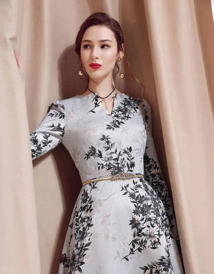 VougeVamp Women Long Sleeve Maxi Dress S-3XL - Elegant Floral Vintage A-Line Party Gown - VougeVampUK