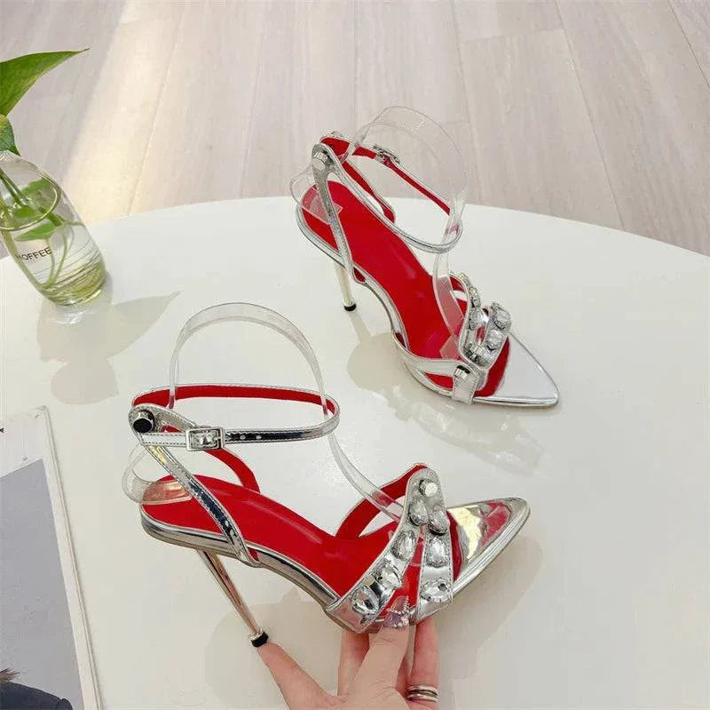 VougeVamp Gem Rivet Narrow Band Sandals - Pointed Toe High Heel Party Shoes for Women