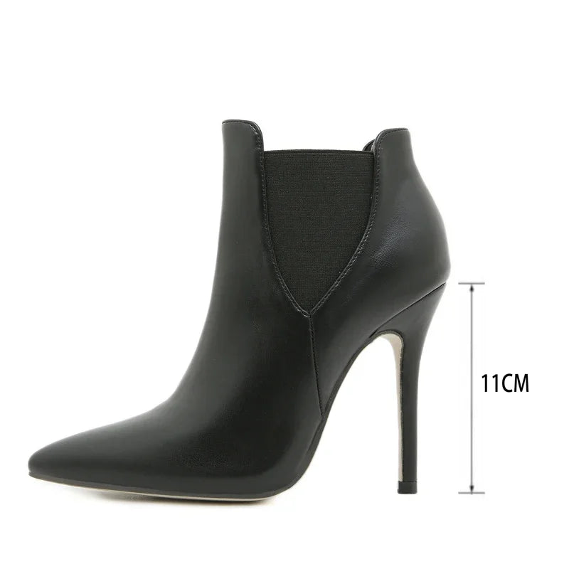 Handmade Punk-Inspired Pointed Toe Women’s Ankle Boots with Elastic Band and Stiletto High Heels